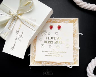 Letterbox Gift for Her, Cute Pun Gift for Friend, I Love You Berry Much Card with Strawberry Earrings, Personalised Thinking of You Gift Box