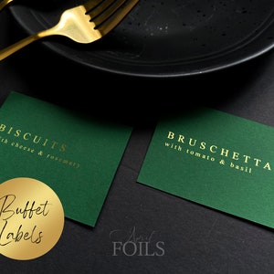 Etiqueta de tarjeta de comida de aluminio, letrero de buffet minimalista para fiesta, tarjetas planas para mesa de pastoreo, tema verde simple para baby shower o boda, paquete de 8+