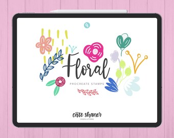 May include: A digital illustration of colorful floral designs on a white background. The text "Floral Procreate Stamps" is displayed below the design. The text "cate shaner DESIGN & LETTERING" is displayed at the bottom of the image.