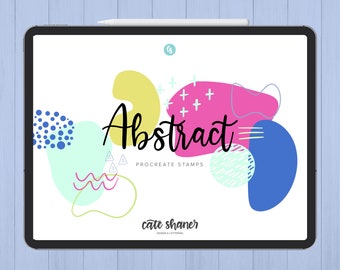 May include: A digital illustration of abstract shapes in various colors, including blue, green, yellow, and pink. The text "Abstract Procreate Stamps" is displayed in black. The text "cate shaner DESIGN & LETTERING" is displayed in black.