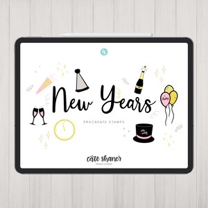 May include: A digital illustration of New Year's themed icons for Procreate. The icons include a party hat, champagne bottle, glasses of champagne, a clock, balloons, a party hat, and confetti. The text "New Years" is written in black cursive.