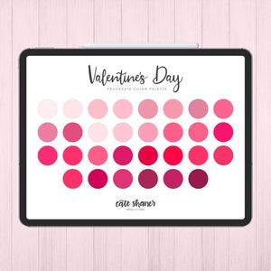 May include: A digital tablet screen displaying a Procreate color palette with 36 pink and red color swatches arranged in a grid. The title of the palette is "Valentine's Day" and the creator's name is "cate shaner".