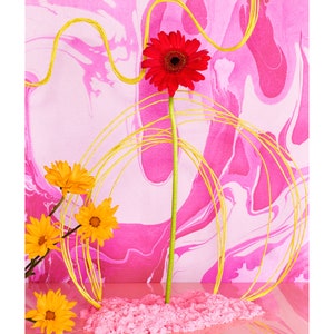 Abstract Floral Print: Red & Orange Flowers, Pink Marbled Paper