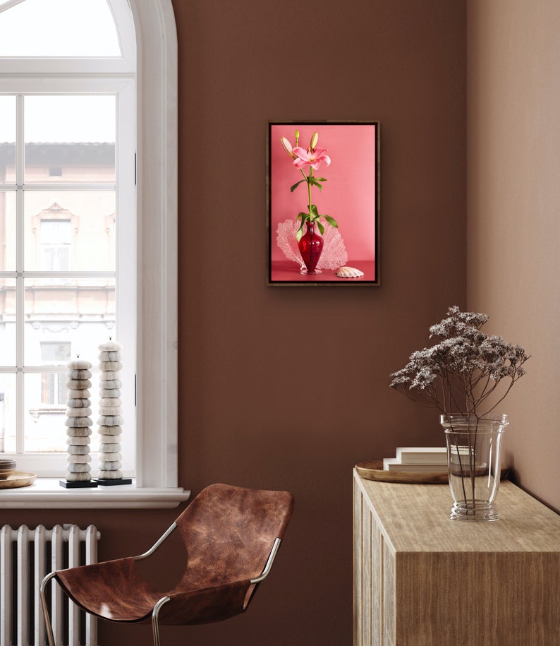 Still Life With Pink Stargazer Lily: Dutch Still Life, Floral Photo, Modern Art, Wall Hanging, Decorative, Fine Art, Pink Floral. Red Floral image 3