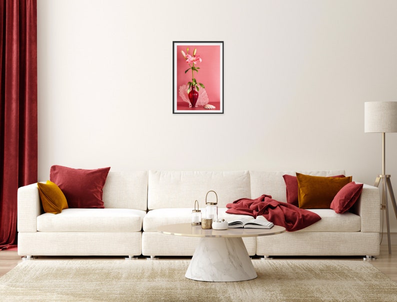 Still Life With Pink Stargazer Lily: Dutch Still Life, Floral Photo, Modern Art, Wall Hanging, Decorative, Fine Art, Pink Floral. Red Floral image 4