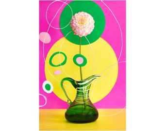 Still Life with Dahlia, Vase, and Collage Circles: Photographic Print, Floral Photo, Geometric Floral, Abstract Art, Decorative, Fine Art