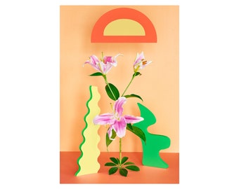 Pink Stargazer Lily With Abstract Shapes: Giclée Print, Still Life, Fine Art, Archival Print, Floral Photo, Modern Art, Decorative Art