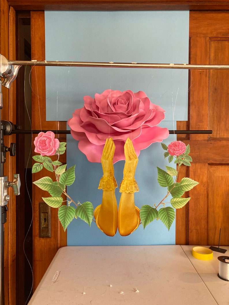 Surreal Rose: Fine Art Photo Large Handmade Collage Art Mixed with 3-D Objects Magritte Inspired Dali Inspired Still Life Floral image 3