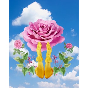Surreal Rose: Fine Art Photo Large Handmade Collage Art Mixed with 3-D Objects Magritte Inspired Dali Inspired Still Life Floral image 1