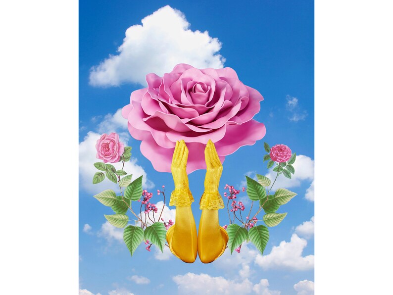 Surreal Rose: Fine Art Photo Large Handmade Collage Art Mixed with 3-D Objects Magritte Inspired Dali Inspired Still Life Floral image 1