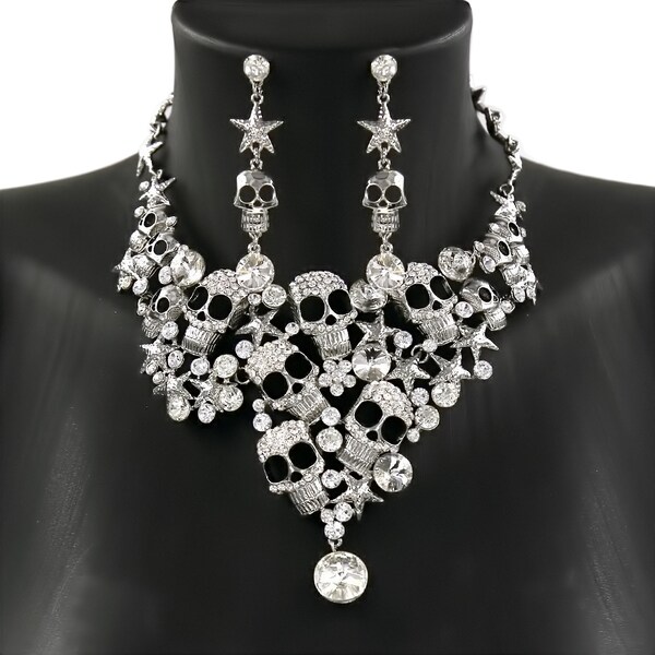 Gothic Ladies Rhinestone Skull Necklace, Women's Fancy Necklace Set