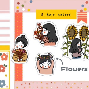 PK82-Adesivo personaggio ragazza e fiori, adesivo agenda, adesivo diario