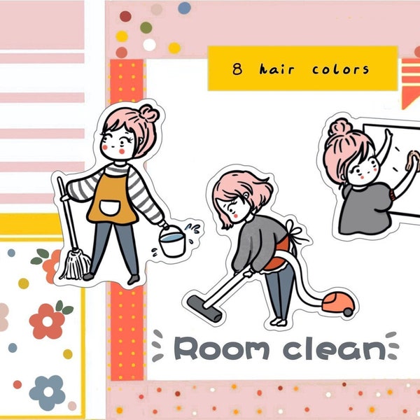 PK56-Cleaning day planner sticker, house clean sticker, character sticker.
