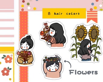 PK82-Girl and flowers character sticker, planner sticker, journal sticker