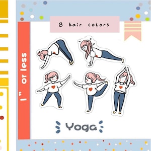 Puede incluir: Una hoja de pegatinas con ilustraciones de posturas de yoga. Cada figura lleva una camiseta blanca con un corazón rojo y pantalones azules. También está presente el texto "8 colores de pelo" y "Yoga".