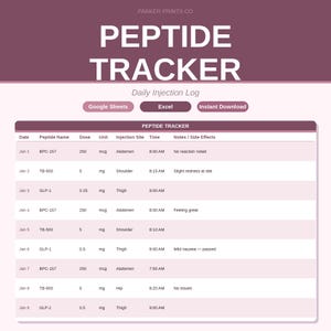 Op de afbeelding: Een digitaal Peptide Tracker dagelijks injectielogboek-sjabloon met een kastanjebruine koptekst met de tekst Parker Prints Co, Peptide Tracker en Daily Injection Log. Het bevat knoppen voor Google Sheets, Excel en Instant Download.