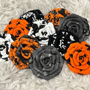 Halloween flowers, DIY headband supplies, DIY craft flowers, flat back roses, handmade frayed fabric roses, Set of 10