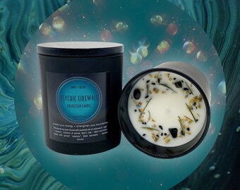 Bougie de protection PSYCHIC FIREWALL avec fleurs et essences de gemmes // bougie tourmaline noire // bougie magique // bougie de protection de sorcière
