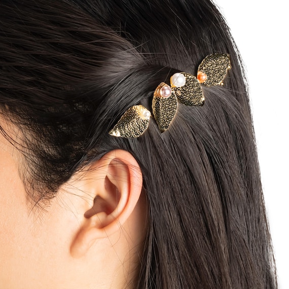 Gold Leaf Pearl Hair Clip, Vintage-inspired Hair Accessory 