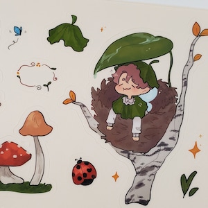 May include: A set of 10 colorful stickers featuring whimsical characters and nature elements. The stickers include a mushroom, a ladybug, a bird, a tree, and a leaf. The stickers are perfect for adding a touch of whimsy to your planner, laptop, or water bottle.