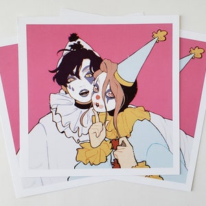 May include: Two clowns, one in a pink and white costume with a red nose, and the other in a white and black costume, are standing next to each other. The clown in the pink and white costume is holding a finger to their lips, as if to say "shhh". The background is a light pink.