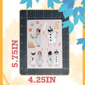 May include: A sheet of stickers featuring five illustrations of clowns in various poses. The clowns are wearing colorful costumes and hats. The stickers are on a pink background and measure 4.25 inches by 5.75 inches.