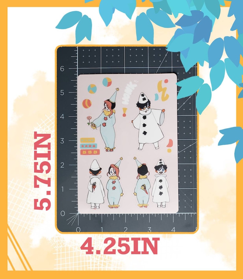 May include: A sheet of stickers featuring five illustrations of clowns in various poses. The clowns are wearing colorful costumes and hats. The stickers are on a pink background and measure 4.25 inches by 5.75 inches.