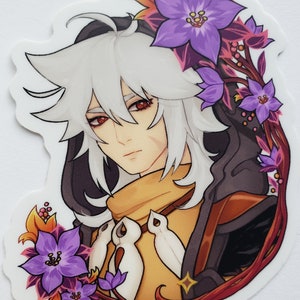 May include: A white-haired character with red eyes, wearing a brown and orange hooded cloak, surrounded by purple flowers with red stems.