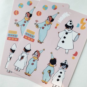 May include: A set of stickers featuring illustrations of clowns in various poses. The stickers are on a pink background with colorful polka dots and the word "Honk" written in black.
