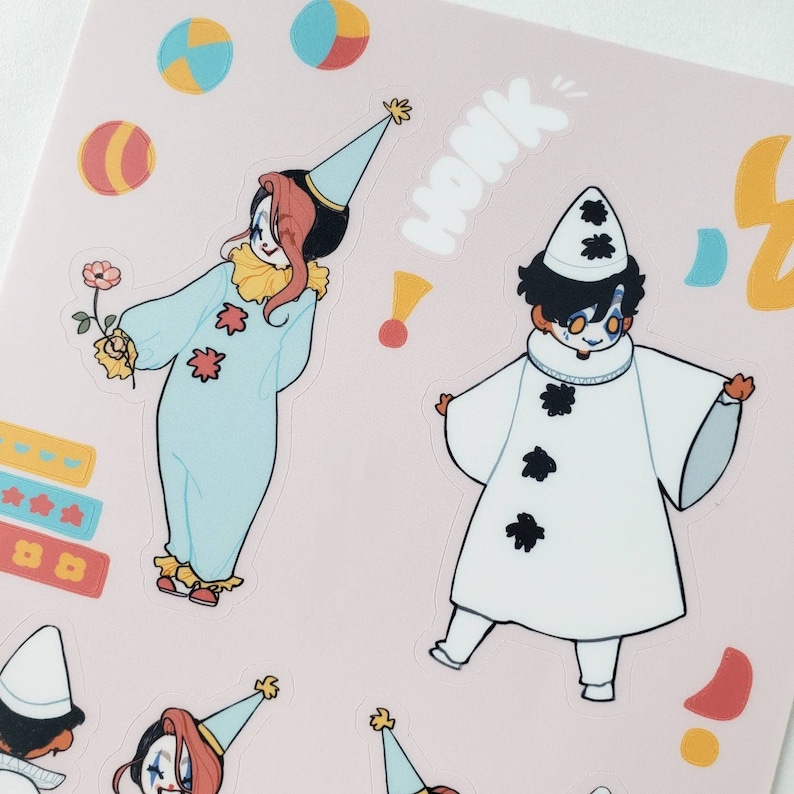 May include: Two cartoon clowns, one in blue and red, the other in white and black, with the text "Honk" above them. The blue and red clown is holding a flower and the white and black clown is holding a hand up in the air.