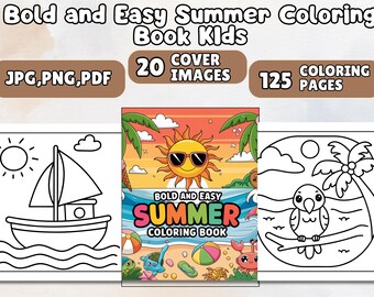 Summer Coloring Book PDF, Bold Easy Pages for Kids (Digital Download)