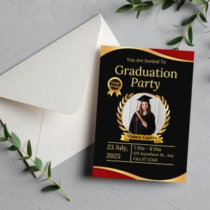 Invito elegante per la festa di laurea in nero e giallo, invito per laureati della classe 2025, modello digitale modificabile, download immediato