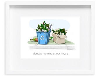 Gift for Wine Lovers - Wine Art, Humorous Wine Print, Wine Drinkers, Wine Lovers, Wine Snobs, Wine Country, Recycle bin with wine bottles