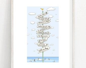 Surfing Sign Post Art Print featuring iconic surf spots: Waikiki, Rincon, J-Bay, Mavericks, Pipeline North Shore, Bells Beach, Malibu & more