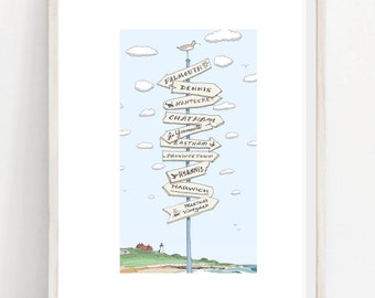 Cape Cod Art Print featuring Falmouth, Dennis, Provincetown, Hyannis, Chatham, Eastham, Harwich plus Martha's Vineyard and Nantucket.