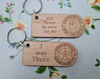 Personalized Northern Soul Wooden Key Fob: Wigan Casino, Keep The Faith