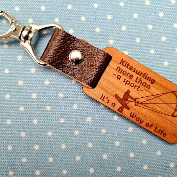 Kitesurfer, kitesurfing, kiteboarder, kiteboarding, keyring, key fob, clasp and ring, wood, leather, personalised, made in UK, hand made