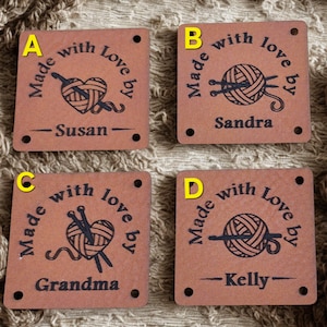 Personalised Leatherette Labels for Handmade Items, Custom Knitting Crochet Tags
