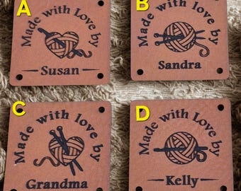 Personalised Leatherette labels for handmade items, faux leather custom clothing tags, knitting labels, crochet choice or colours