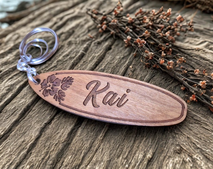 Personalized Surfboard Keychain: Laser Etched Wood Surfer Gift