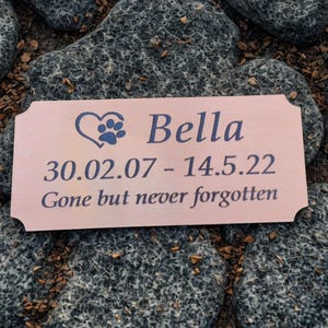 May include: A pink rectangular pet memorial plaque with rounded corners, resting on gray stones. The plaque features the name "Bella", dates, a heart with a paw print, and the text "Gone but never forgotten" in blue.