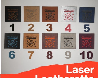 Può includere: Dieci campioni di similpelle tagliata al laser in diversi colori, tra cui nero, marrone, beige, argento, blu, rosso e arancio. Ogni campione presenta il testo "PGLasercraft" e un design tagliato al laser.