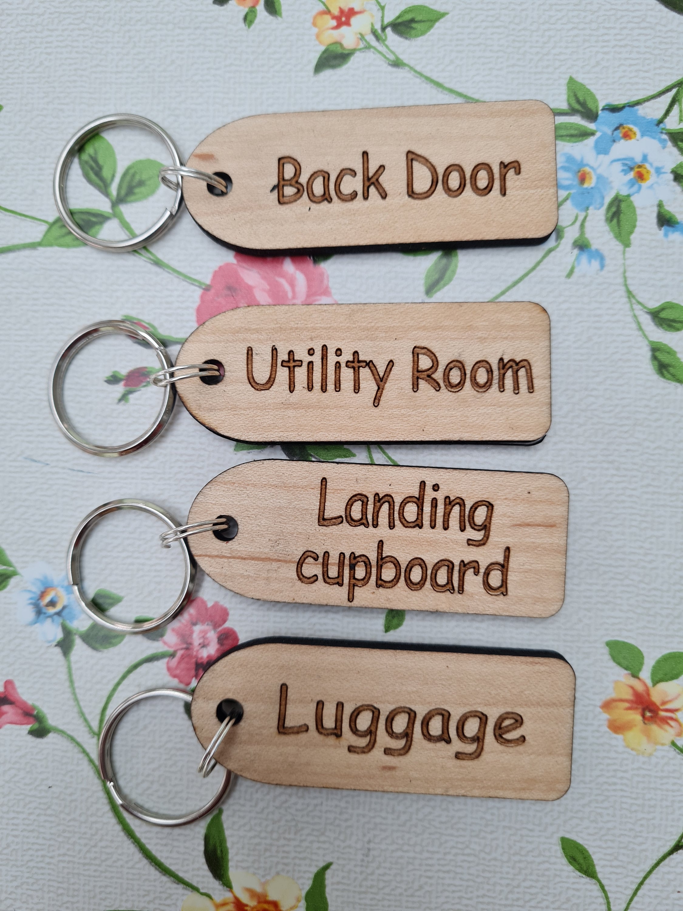 Engraved wooden rustic chunky  keyring, for house, garage, shed, stor…