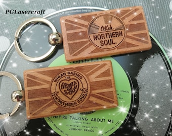 Laser Etched Northern Soul Wood Keyfob, Wigan Casino