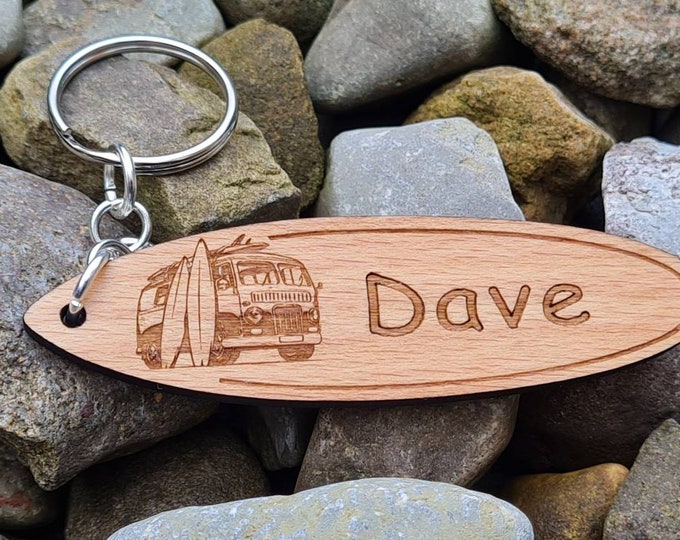 Camper image Surfboard Keychain, Personalised Surfers Keychain, Real Wood Personalized Surfboard Gift, Gift for Surfers, Gift for Him,