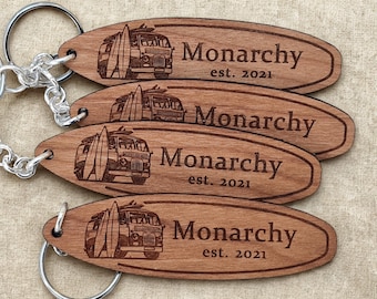 Personalized Wood Surfboard Keychain, Camper Van, Surfing Gift