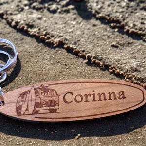 Camper image Surfboard Keychain, Personalised Surfers Keychain, Real Wood Personalized Surfboard Gift, Gift for Surfers, Gift for Him,