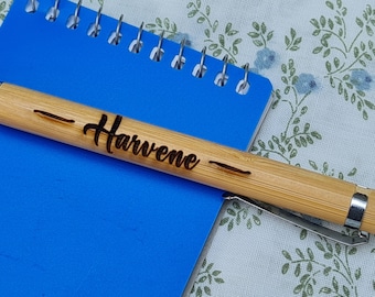 Personalised pen, eco-friendly bamboo pen, choose your name or text. Ballpoint pen, black ink, laser etched will not fade or wear away.