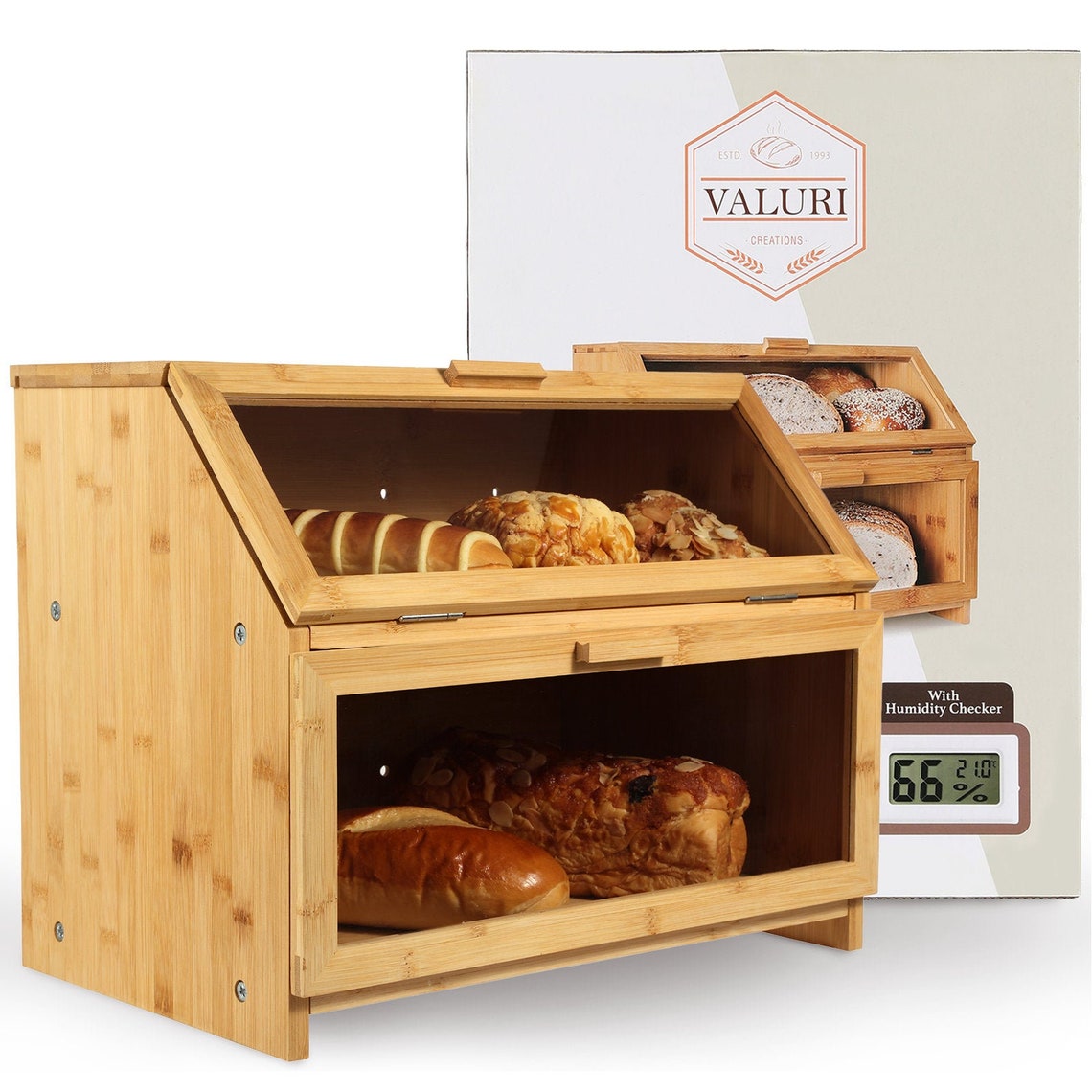 Bamboo Bread Box WITH HUMIDITY MONITOR 2 Layer Bread Storage Etsy