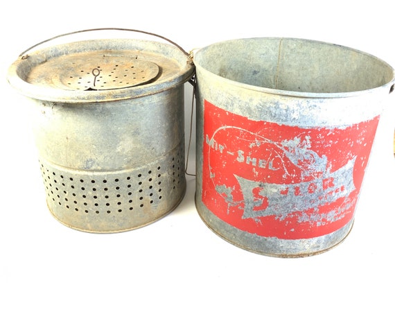 Vintage Antique Metal Fishing Bait Bucket 